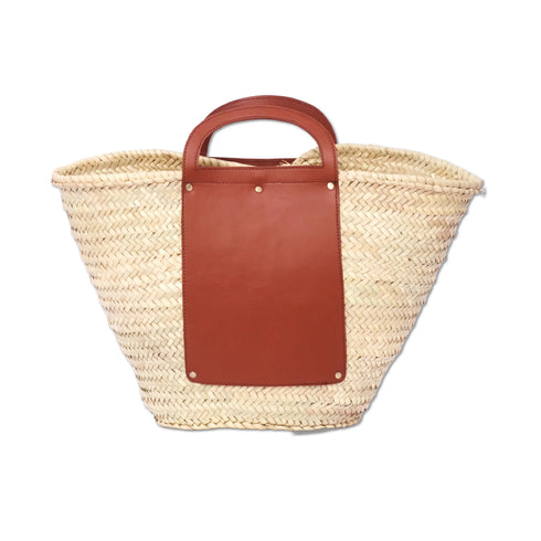 Handmade Moroccan Palm Straw Basket Bag with Genuine Brown Leather Handles