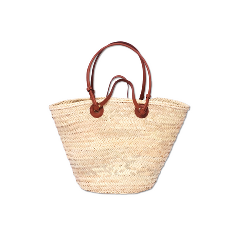 Handmade Moroccan Palm Straw Market Basket with Genuine Cognac Leather Handles