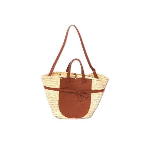 Handmade Moroccan Palm Straw Tote Bag with Genuine Brown Leather Handles
