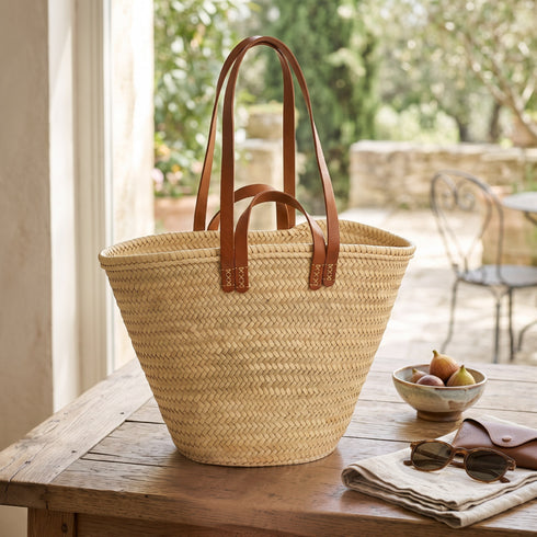 Handmade Moroccan Straw Tote Bag with Long Leather Handles Beach Bag