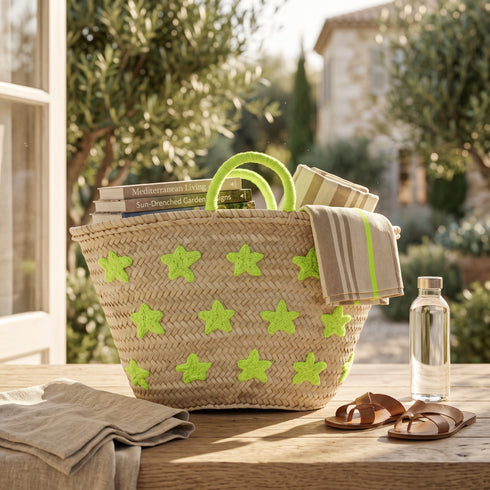 Handmade Moroccan Straw Tote Bag with Neon Green Stars Woven Basket