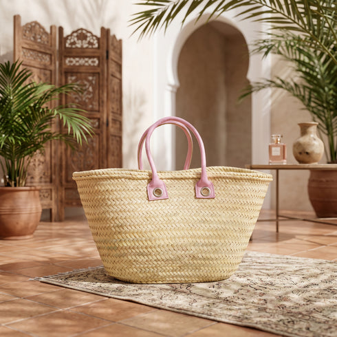 Handmade Moroccan Straw Tote Bag with Pink Leather Handles Beach Bag