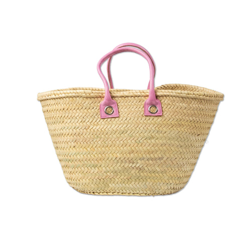 Handmade Moroccan Straw Tote Bag with Pink Leather Handles Beach Bag