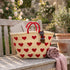 Handmade Moroccan Straw Tote Bag with Red Hearts Woven Beach Basket