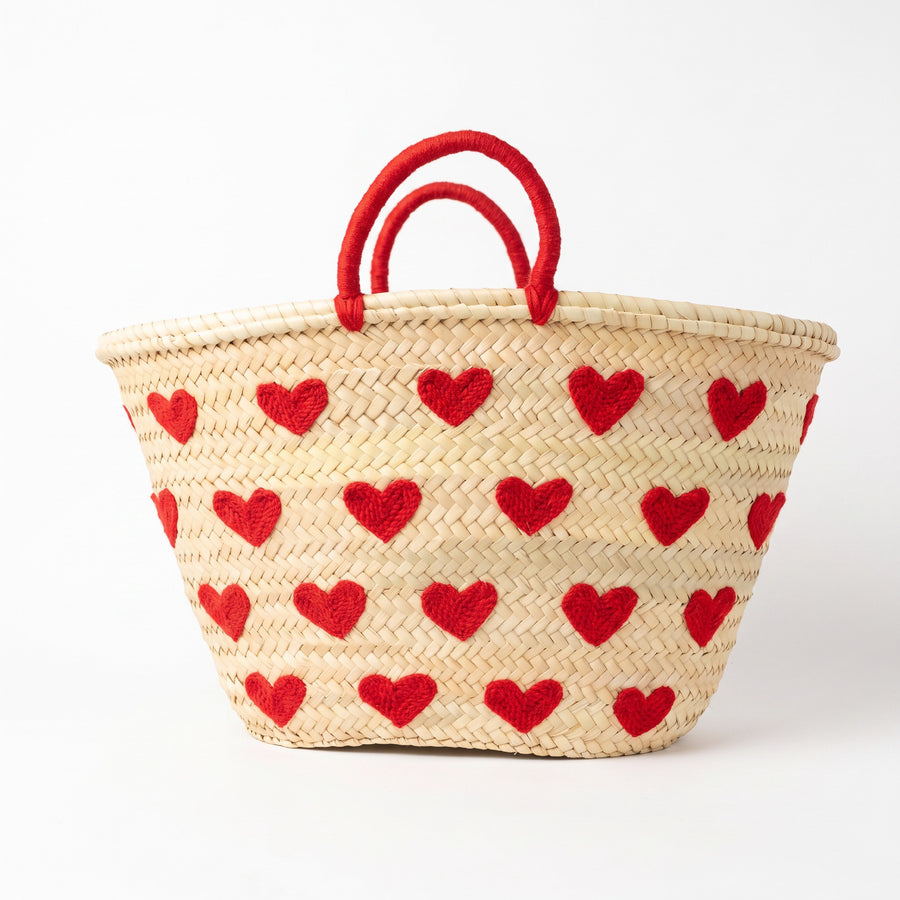 Handmade Moroccan Straw Tote Bag with Red Hearts Woven Beach Basket