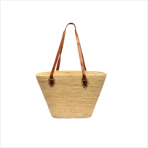 Handmade Natural Raffia Tote Bag with Genuine Tanned Leather Handles