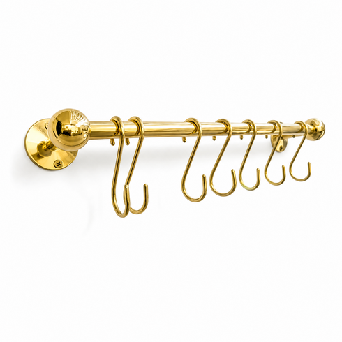Handmade solid brass kitchen rail with S hooks