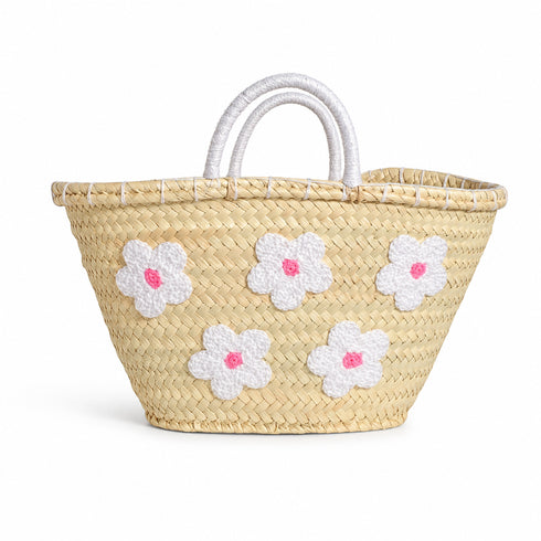 Handwoven Moroccan Palm Leaf Basket with White Floral Embroidery
