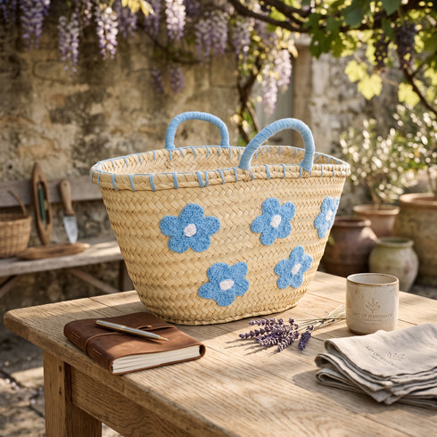 Handwoven Moroccan Palm Leaf Basket with White Floral Embroidery