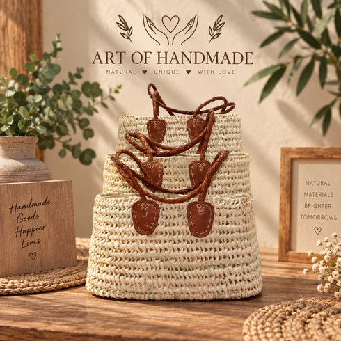 Handwoven Moroccan Raffia Tote Bag with Braided Leather Handles
