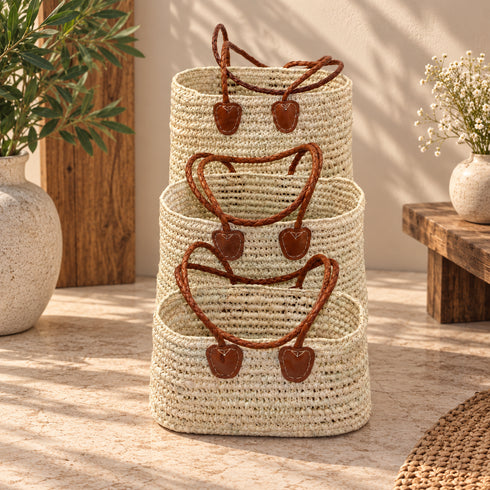 Handwoven Moroccan Raffia Tote Bag with Braided Leather Handles