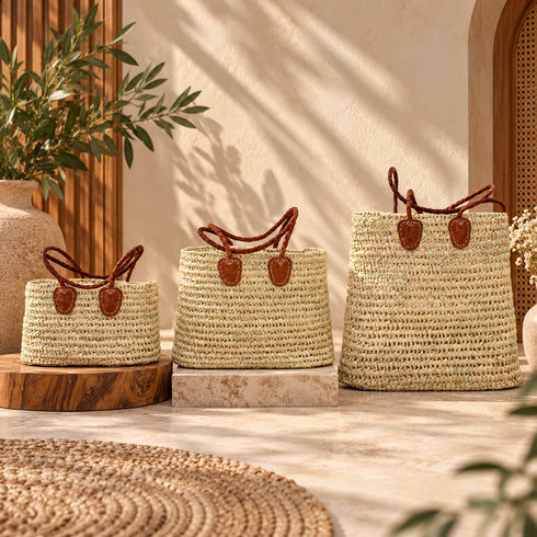 Handwoven Moroccan Raffia Tote Bag with Braided Leather Handles