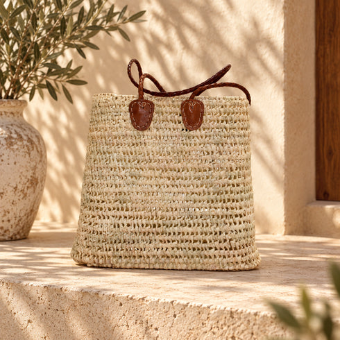 Handwoven Moroccan Raffia Tote Bag with Braided Leather Handles