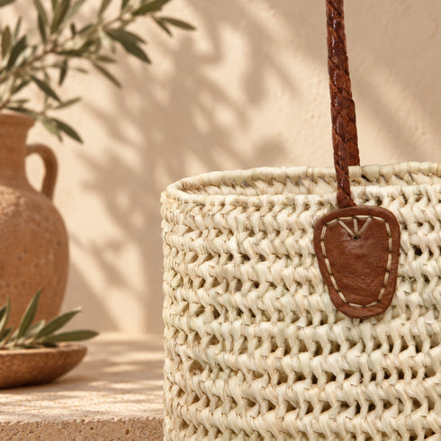 Handwoven Moroccan Raffia Tote Bag with Braided Leather Handles