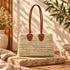 Handwoven Moroccan Raffia Tote Bag with Braided Leather Handles