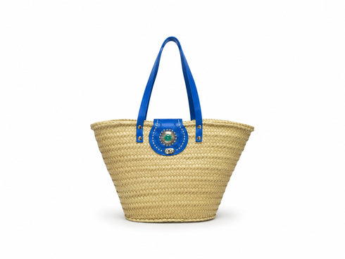 Handwoven Moroccan straw basket with flat leather handles