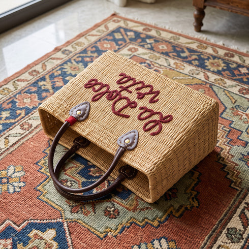Handwoven Raffia Tote Bag with La Dolce Vita Embroidery sustainable materials
