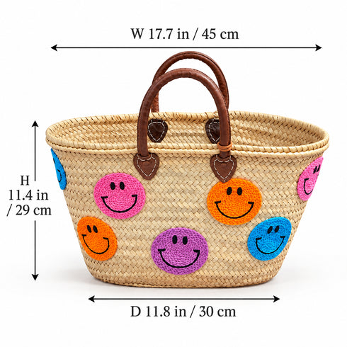 Handwoven Straw Basket Bag, Colorful Smiley Face Tote, Moroccan Raffia Beach Bag, Summer Market Basket