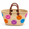 Handwoven Straw Basket Bag, Colorful Smiley Face Tote, Moroccan Raffia Beach Bag, Summer Market Basket