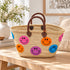 Handwoven Straw Basket Bag, Colorful Smiley Face Tote, Moroccan Raffia Beach Bag, Summer Market Basket