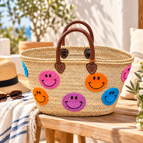 Handwoven Straw Basket Bag, Colorful Smiley Face Tote, Moroccan Raffia Beach Bag, Summer Market Basket