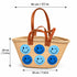 Handwoven Straw Basket Bag with Smiley Faces, Moroccan Raffia Beach Tote, Leather Handle Summer Market Bag
