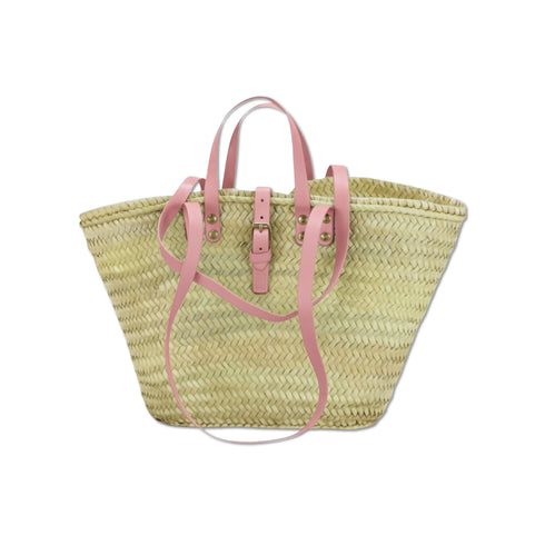 Handwoven Large Moroccan Straw Basket with Leather Handles Beach Bag