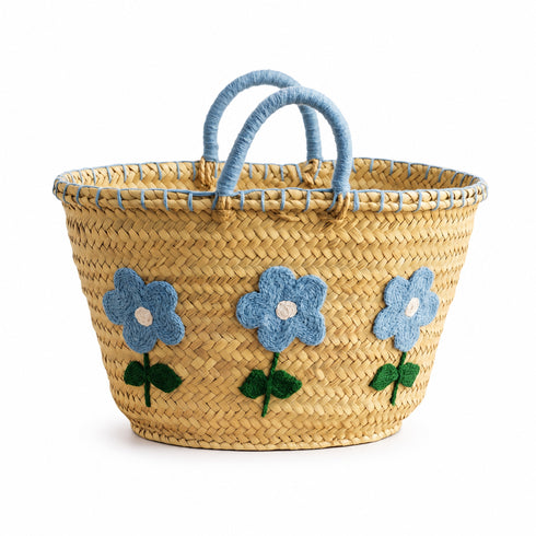 Handwoven Moroccan Palm Leaf Basket with Blue Floral Embroidery