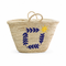 Handwoven Moroccan Palm Leaf Basket with Blue Leaf & Sun Embroidery