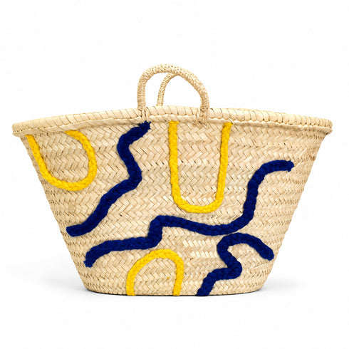 Handwoven Moroccan Palm Leaf Basket with Blue & Yellow Abstract Embroidery