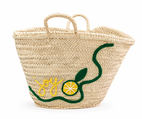 Handwoven authentic Moroccan Palm Leaf Basket with Lemon Embroidery