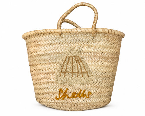 Handwoven Moroccan Palm Leaf Basket with Natural Seashell Embroidery