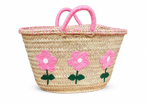 Handwoven Moroccan Palm Leaf Basket with Pink Floral Embroidery