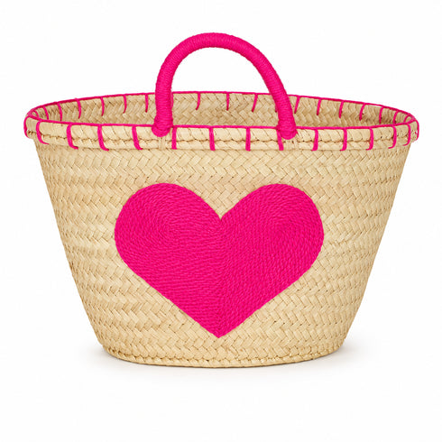 Handwoven Moroccan Palm Leaf Basket with Pink Heart