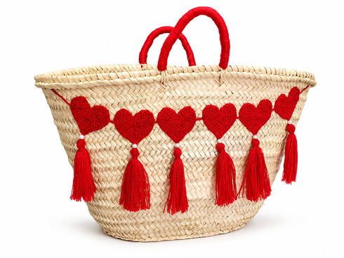 Handwoven Moroccan Palm Leaf Basket with Red Hearts & Tassels
