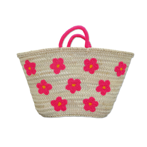 Handwoven Moroccan Straw Basket with Embroidered Flowers Beach Bag