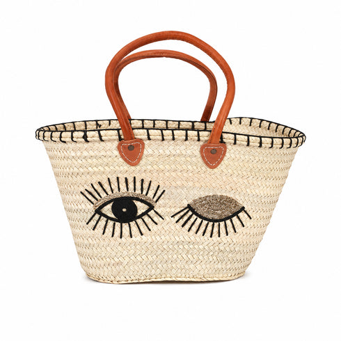 Handwoven Moroccan Straw Basket with Silver Eye Design
