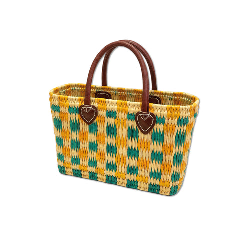Handwoven Moroccan Straw Tote Bag – Teal, Yellow & Natural Beige