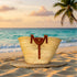 Handwoven Moroccan straw basket with brown leather handles and front closure