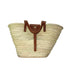 Handwoven Moroccan straw basket with brown leather handles and front closure