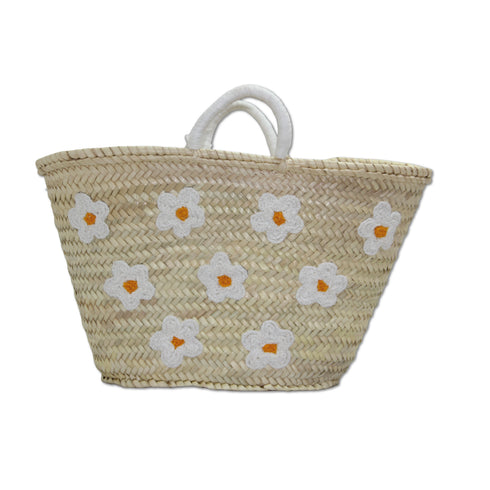 Handwoven Moroccan straw basket with white embroidered flowers