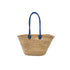 Handwoven Moroccan straw tote bag with long blue leather handles