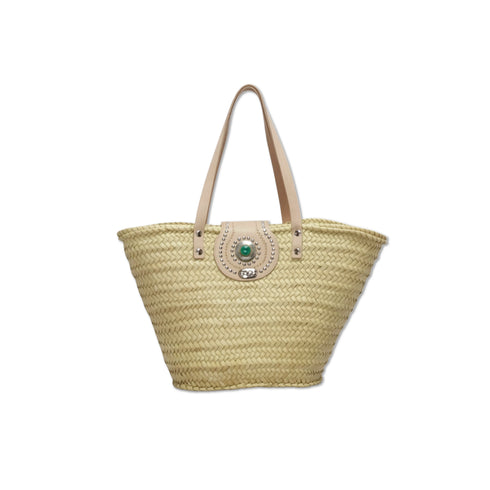 Handwoven Moroccan straw tote bag with natural leather handles and decorative gemstone clasp