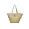 Handwoven Moroccan straw tote bag with natural leather handles and decorative gemstone clasp