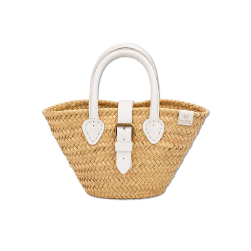 Handwoven Straw Tote Bag with White Leather Handles and Buckle