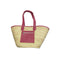 Handwoven straw tote bag with pink leather handles and front zip pocket