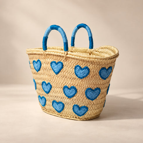 Heart Straw Basket, Moroccan Handwoven Tote, Blue Heart Palm Leaf Bag, Small Beach & Market Basket
