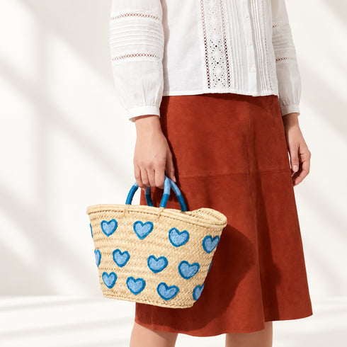 Heart Straw Basket, Moroccan Handwoven Tote, Blue Heart Palm Leaf Bag, Small Beach & Market Basket