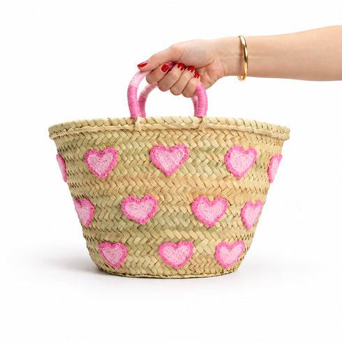 Heart Straw Basket, Moroccan Handwoven Tote, Blue Heart Palm Leaf Bag, Small Beach & Market Basket