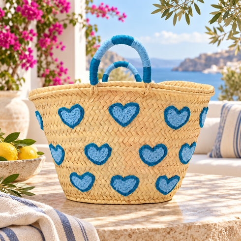 Heart Straw Basket, Moroccan Handwoven Tote, Blue Heart Palm Leaf Bag, Small Beach & Market Basket